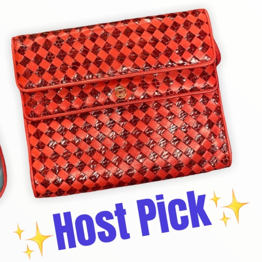 💝 Vintage Snakeskin Genuine Leather Purse Red Clutch Basketweave